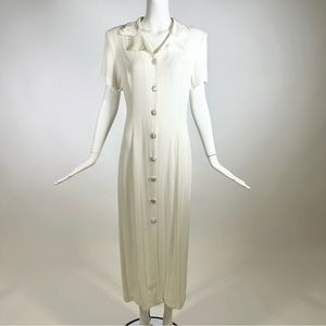 80’s Intimation Dress Maxi Collared Buttoned Short Sleeve Tie Waist White Size 8